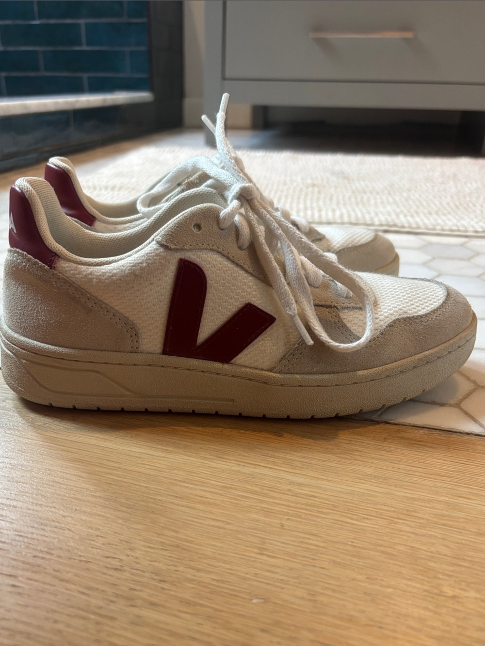 Veja Women’s V-10 Sneaker in White with Burgundy V